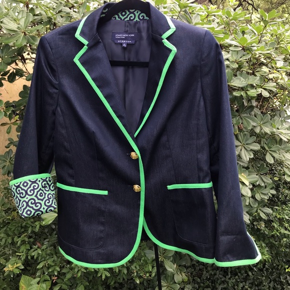 Jones Mew York Signature Women's Navy Dark Denim Blazer with Green Trim - Picture 1 of 13